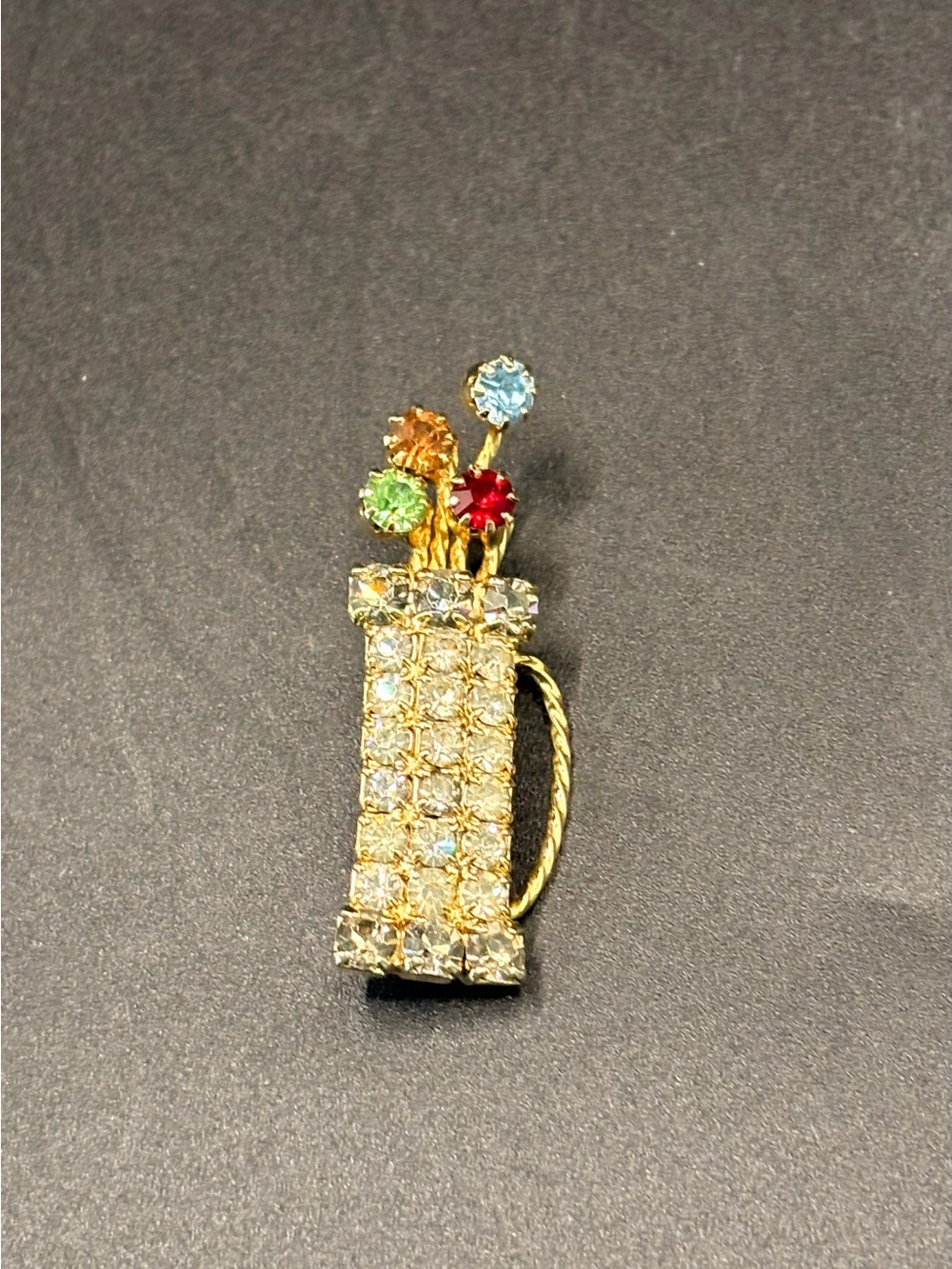Vintage Rhinestone Golf Bag Clubs Brooch Multicolor UV Reactive Unsigned